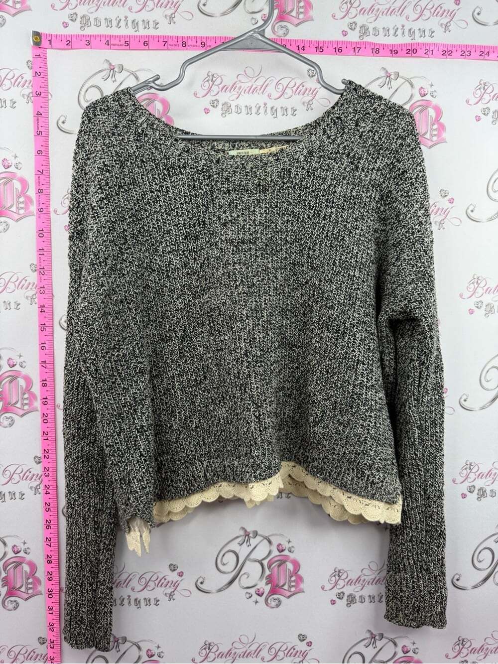 Kimchi Blue Black & White Marled Scoop Neck Sweater with Cream Lace Hem